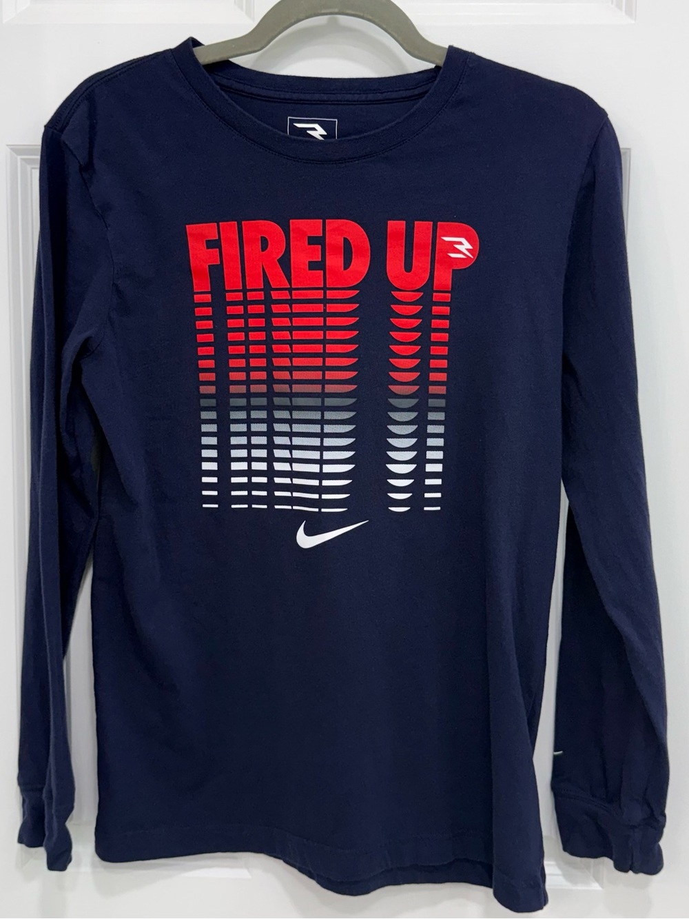 Nike Navy Blue Long Sleeve Tee with Red and Gray 'Fired Up' Graphic - Big boys